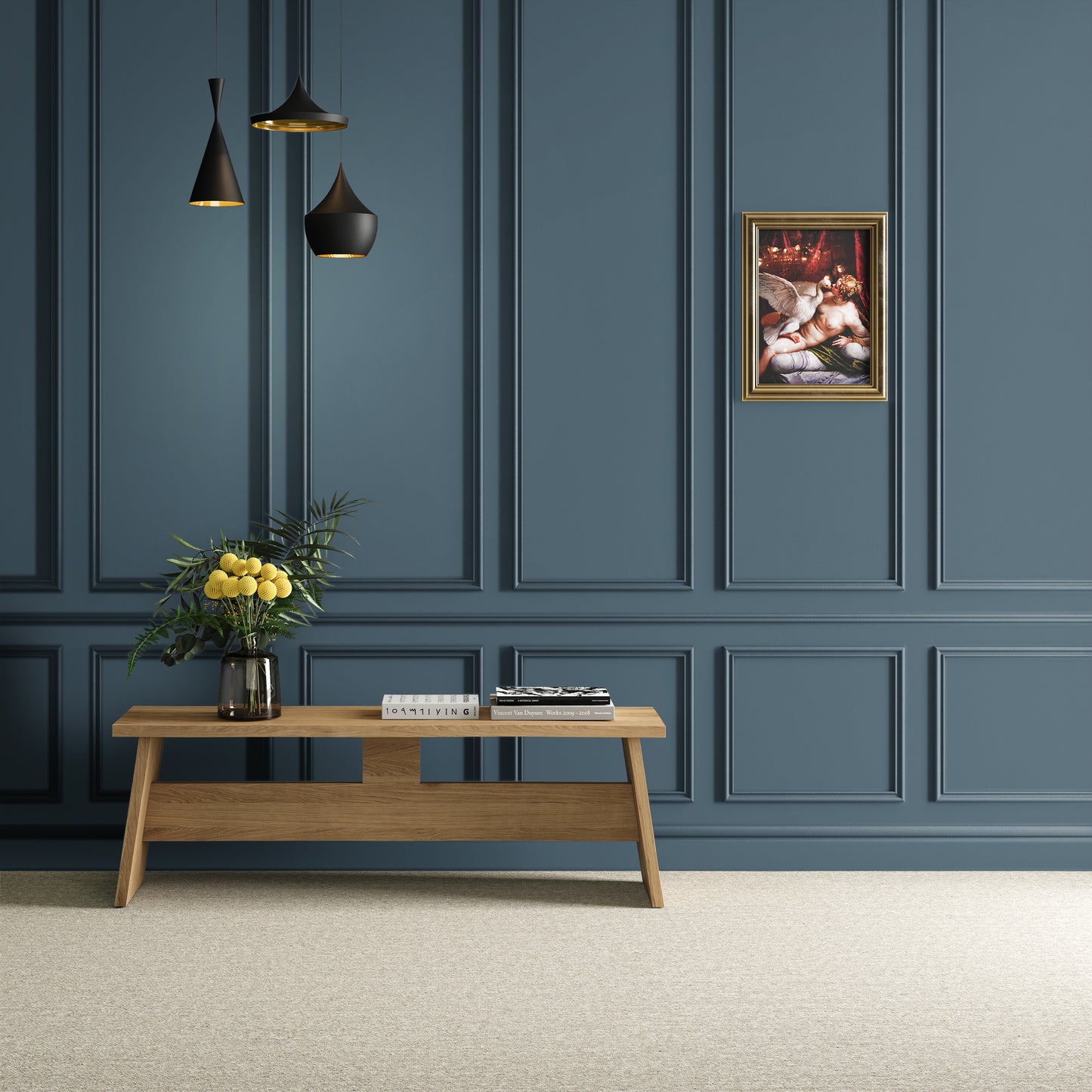 Parete con boiserie turchese scuro dipinta con pittura Turchese di Leonardo di Maibianco, finitura opaca per interni eleganti