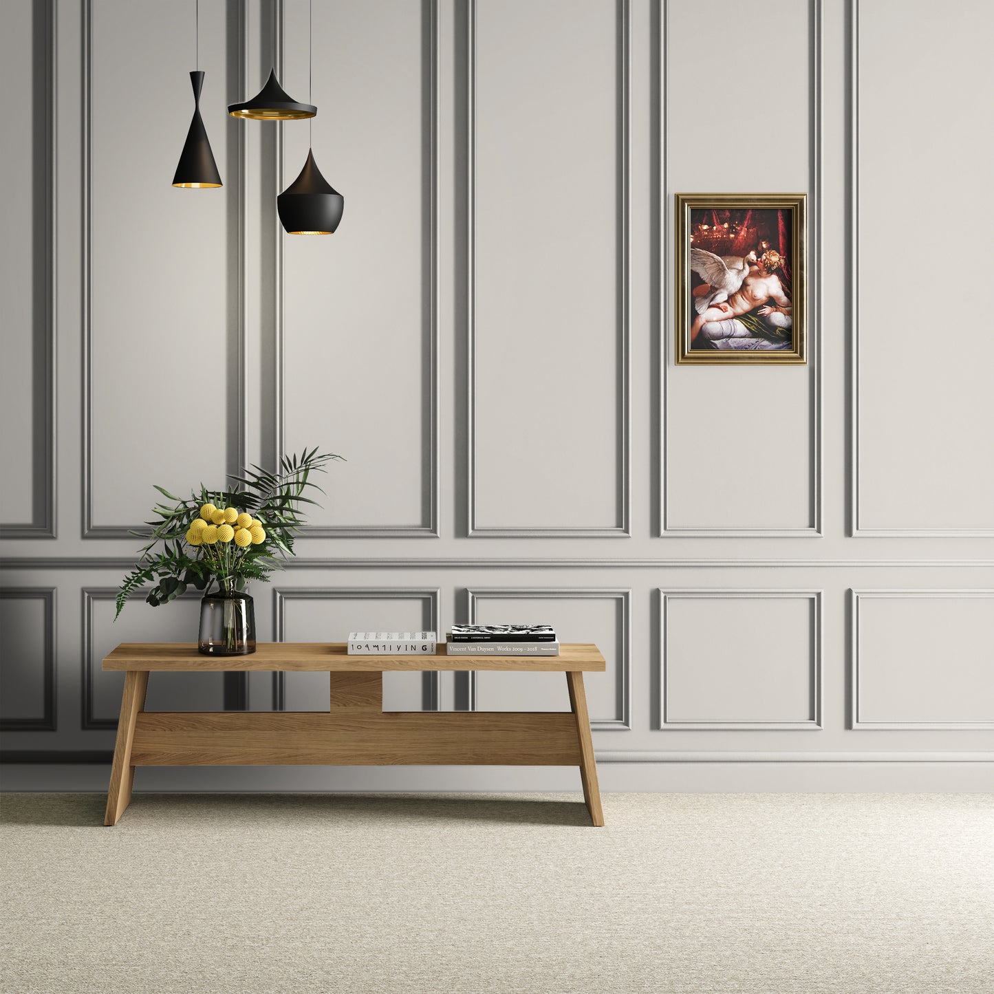 Boiserie grigio perlaceo dipinta con pittura Castore e Polluce di Maibianco, in ambiente elegante e luminoso.