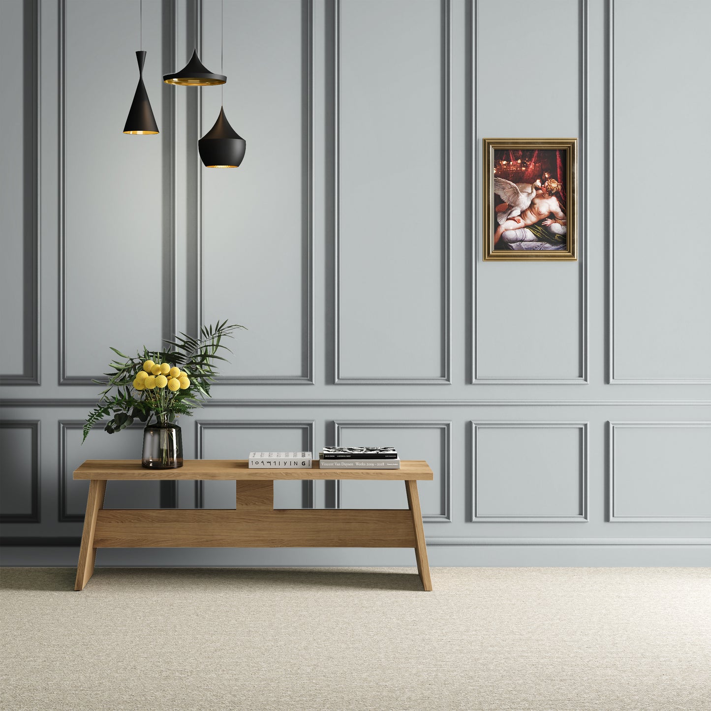 Boiserie grigio perlaceo dipinta con pittura Castore e Polluce di Maibianco, in ambiente elegante e luminoso.