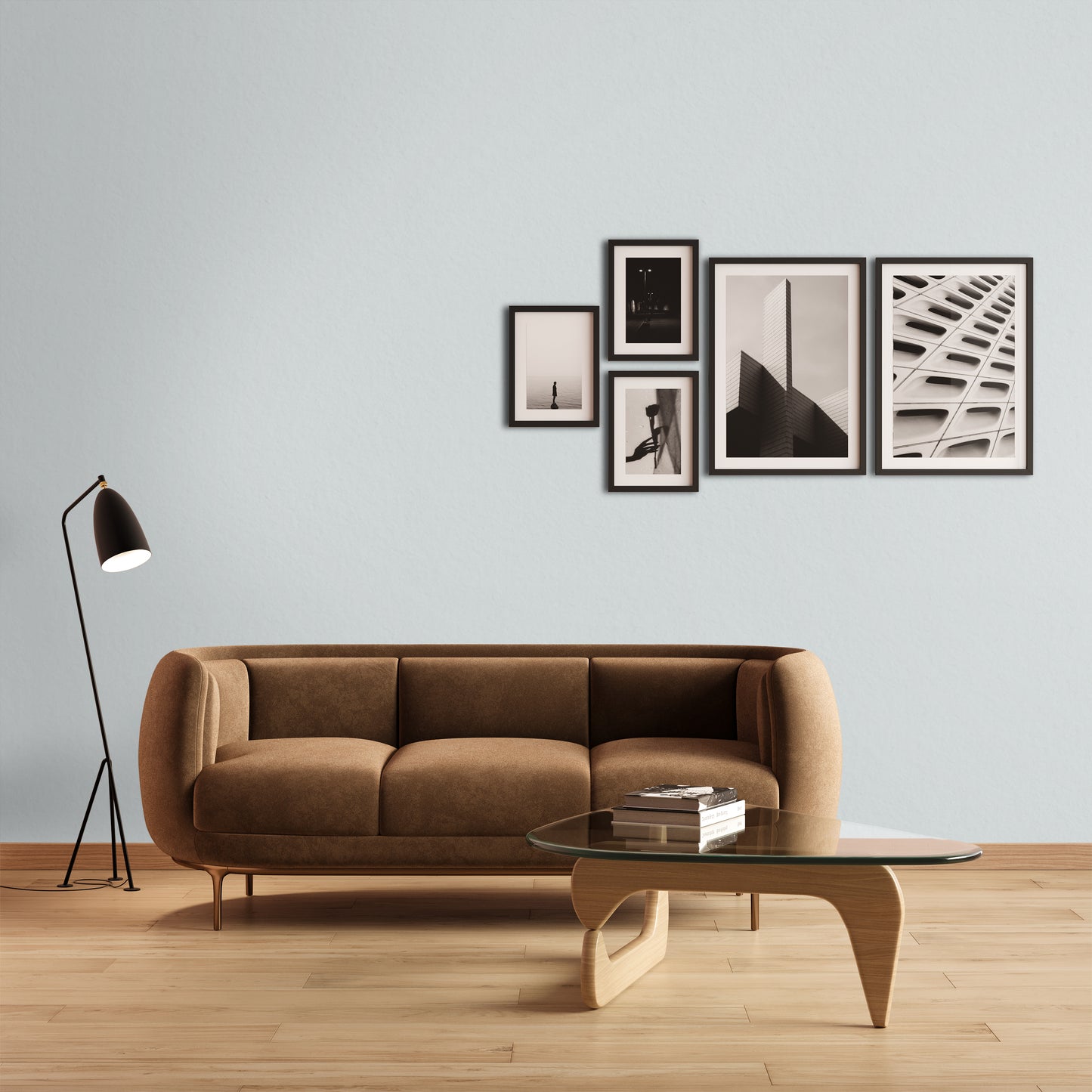 Soggiorno moderno con parete grigio perlaceo dipinta con pittura Castore e Polluce di Maibianco, finitura opaca e luminosa.