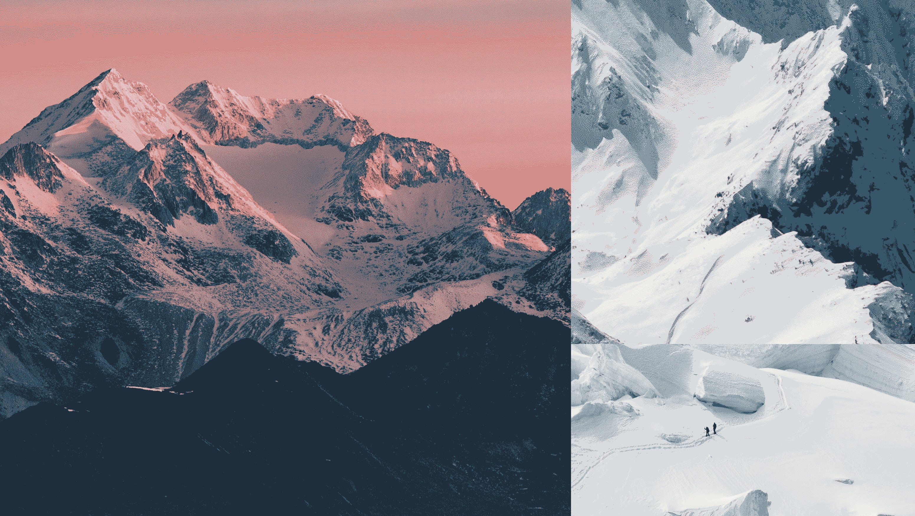 Panorama innevato del Monte Rosa al tramonto, con dettagli di creste e ghiacciai. Ispirazione naturale per la palette di colori Monterosa di Maibianco.